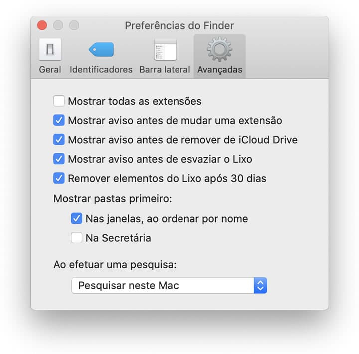 Imagem com as opções avançadas do Finder no macOS Catalina