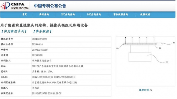 Huawei patente câmara ecrã luz