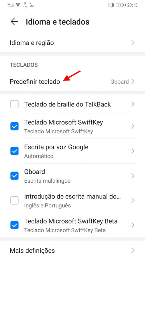 teclado Android mudar trocar adaptar-se