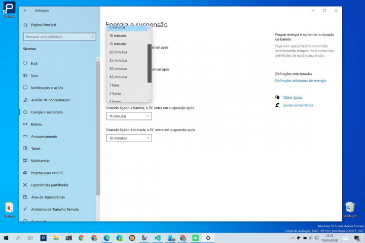 Windows 10 monitor energia poupar PC