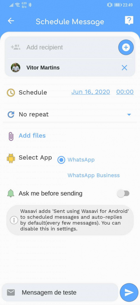 WhatsApp mensagens agendar Wasavi app