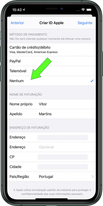 Imagem onde é escolhido o método Nenhum, nos métodos de pagamento no ID Apple