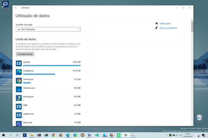 Windows 10 Internet dados app consumos