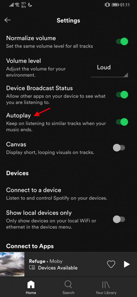 Spotify Android opções definições música