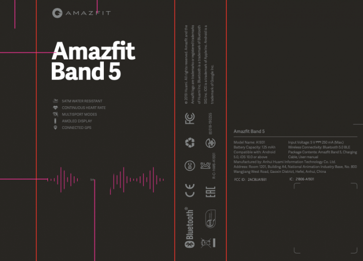 Embalagem da Amazfit Band 5, disponível na documentação da FCC.