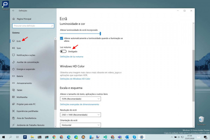 Windows 10 Microsoft vista luz noturna utilizador