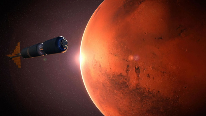 Ilustração da viagem da Terra a Marte com passagem por Vénus