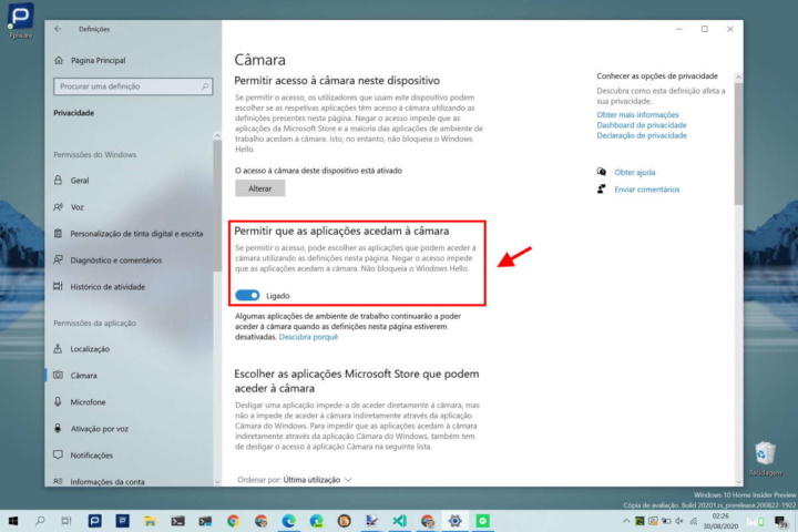 Windows 10 câmara desligar autorizar utilizadores