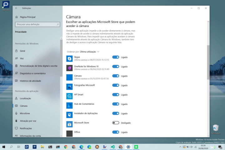 Windows 10 câmara desligar autorizar utilizadores