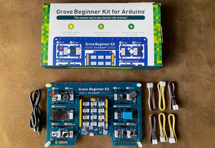 Imagem da caixa e do Kit de iniciação Grove de Arduino com 10 sensores e 12 projetos - Seeed