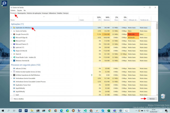 Windows 10 Explorador Gestor Tarefas processo