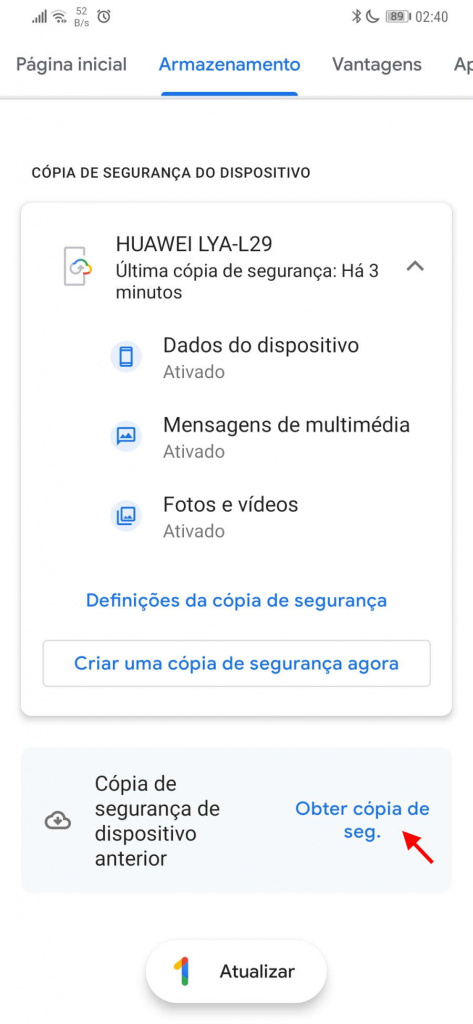 Google One backups Android dados