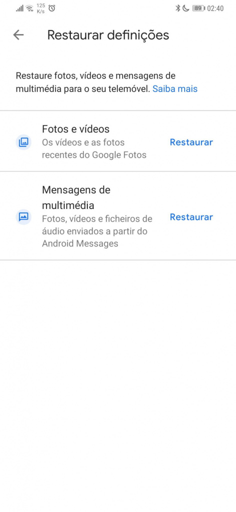 Google One backups Android dados