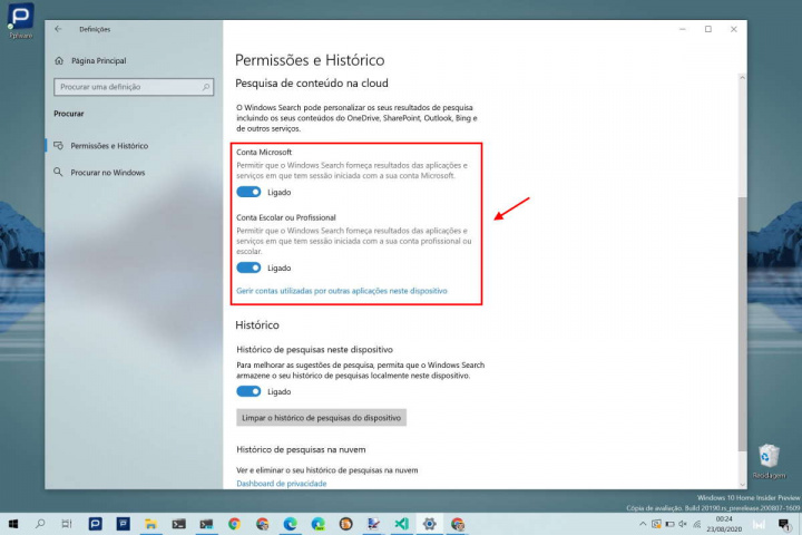 Windows 10 pesquisa configurar resultados utilizadores