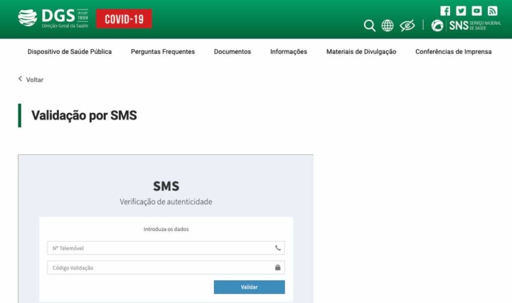 COVID-19: Registo de sintomas e validação das SMS enviadas