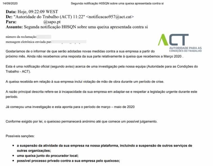 Alerta: Se recebeu este e-mail da ACT elimine-o já