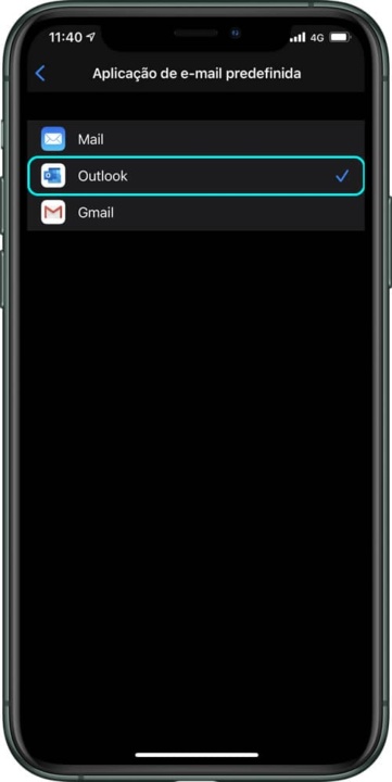 Imagem colocação email Outlook como app predefinida no IOS