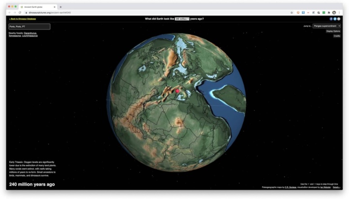 Imagem mapa interativo da Terra que mostra o planeta desde há 750 milhões de anos