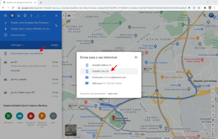 Google Maps rotas smartphone browser