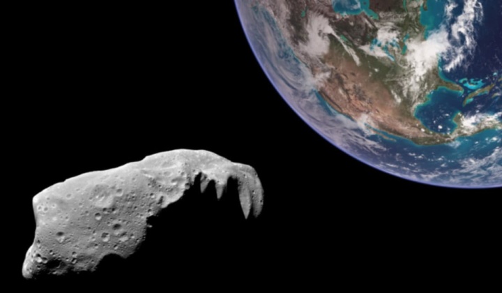 Ilustração da rota do asteroide Apófis em direção ao planeta Terra