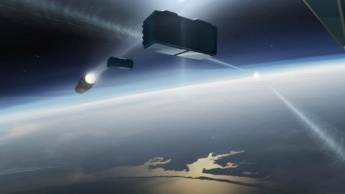 Ilustração de coliusão entre foguetão e satélite no espaço