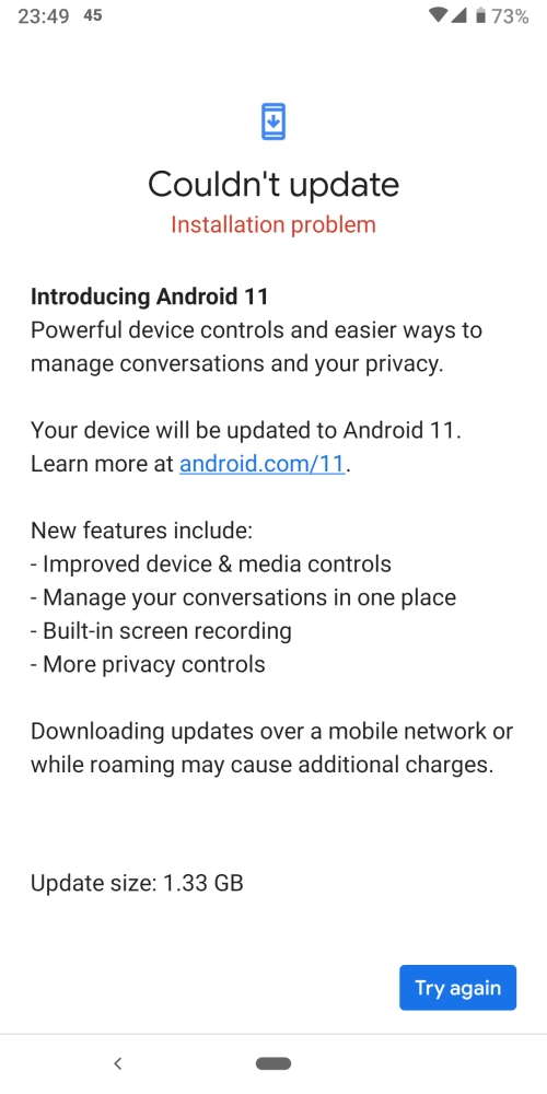 Android 11 Google Pixel atualização problema