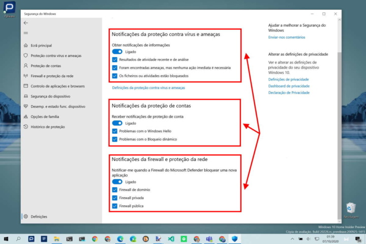 notificações segurança Windows 10 alertas utilizadores