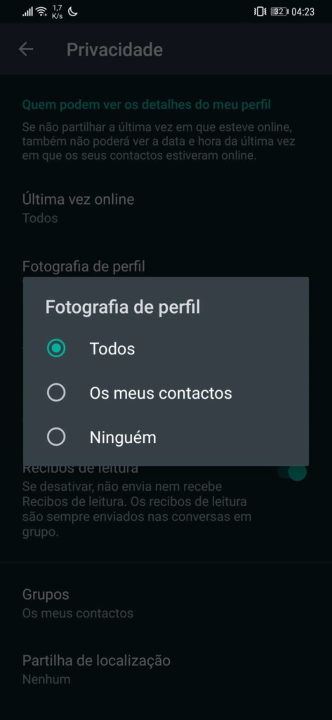 WhatsApp partilhar informação privacidade opções