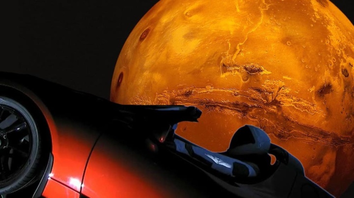 Ilustração Starman da SpaceX dentro do Tesla Roadster de Elon Musk a passar Marte