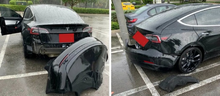 Tesla Model 3 não aguenta a tempestade... o para-choques traseiro cai