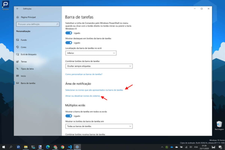 Opções da área de notificação de ícones do Windows 10