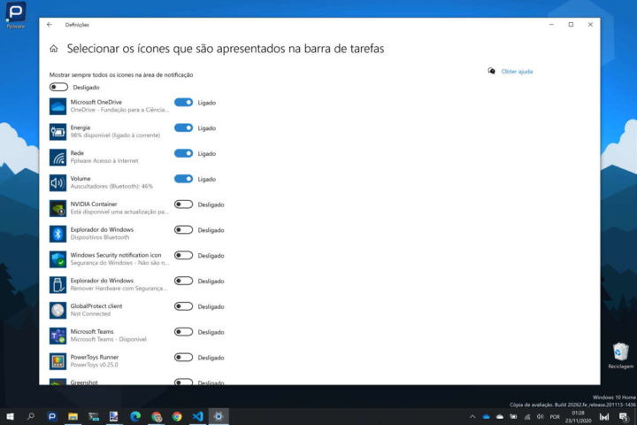 Windows 10 ícones notificação área opções