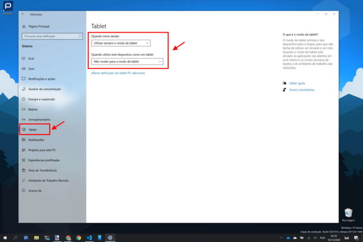Windows 10 tablet modo configurar opções