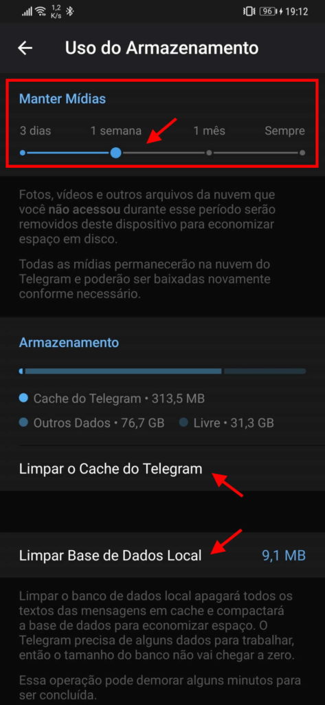 Telegram Android espaço utilizadores armazenamento