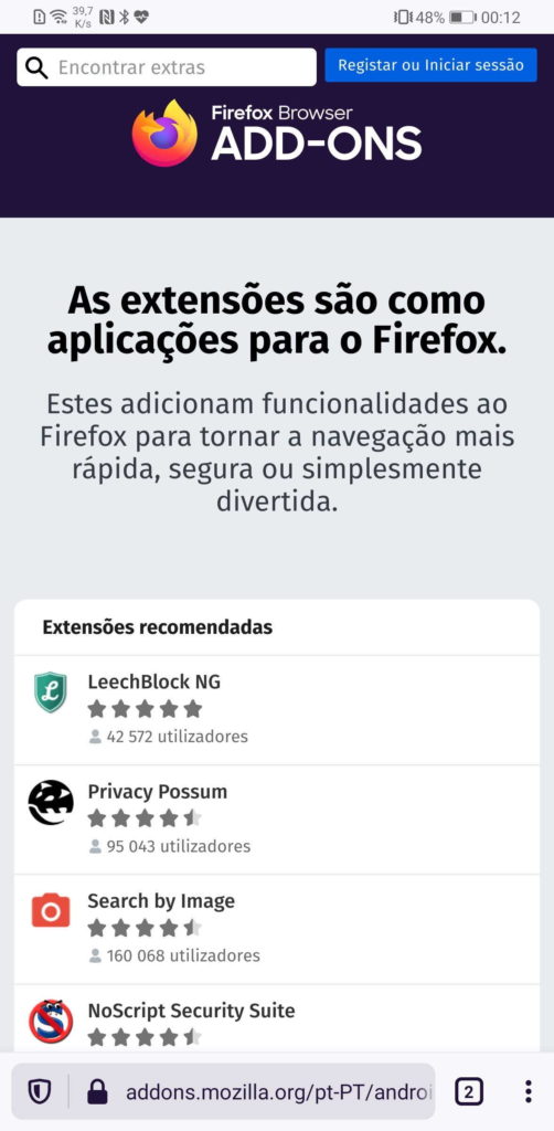 Firefox extensões Android Mozilla browsers