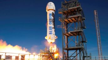Imagem do foguetão New Shepard da Blue Origin, empresa de Jeff Bezos