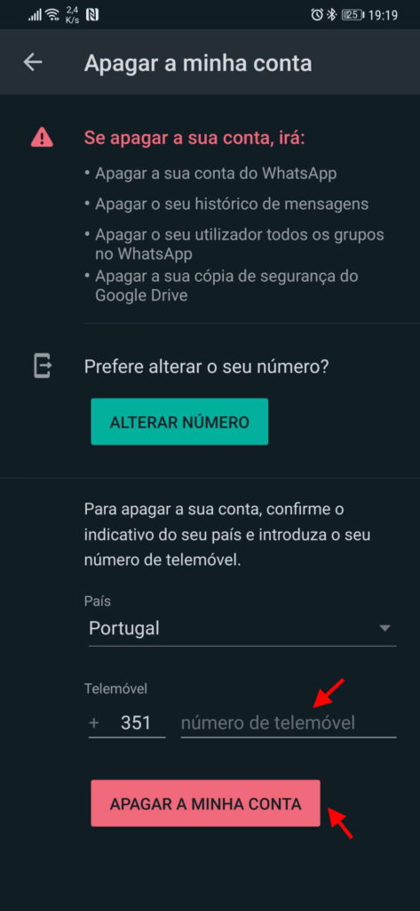 WhatsApp apagar conta dados serviço