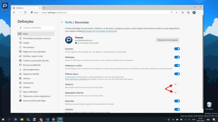 Edge browser sincronizar histórico separadores abertos