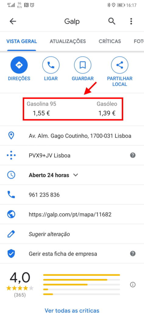Google Maps preço combustíveis condutor