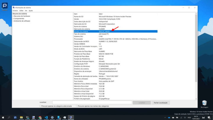 Windows 10 modelo PC app informação