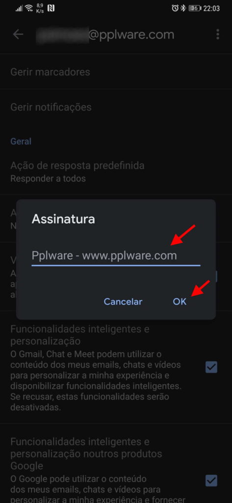 Gmail Android assinatura mensagens smartphone