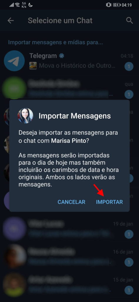 Telegram WhatsApp importar mensagens conversas