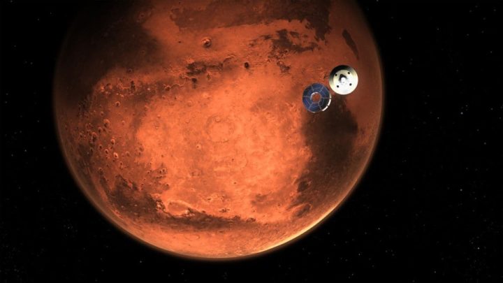 Ilustração da sonda da NASA, Perseverance, a caminho de Marte para aterrar o rover no solo marciano