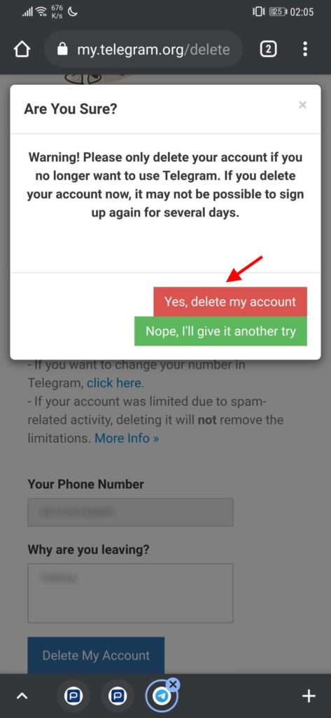 Habilitar la eliminación automática de la cuenta de Telegram