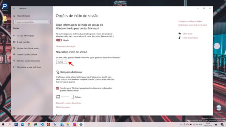 Windows 10 login opção sistema PC