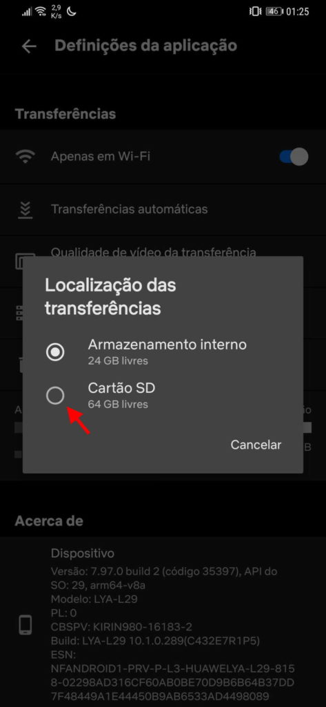 Android Netflix espaço SD armazenamento