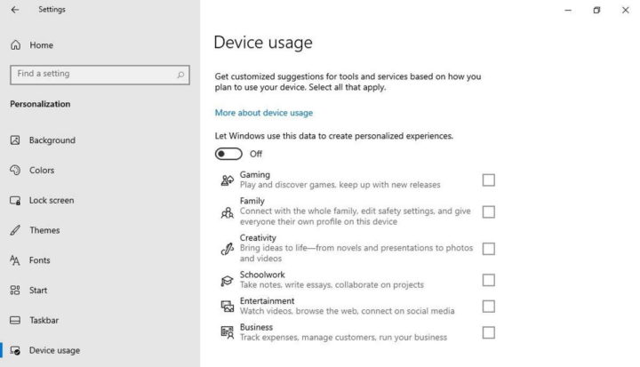 Windows 10 perfil configurações opções