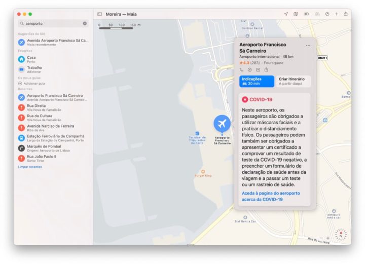 Imagem do serviço de mapas da Apple, o Apple Maps, com informação das medidas contra a COVID-19