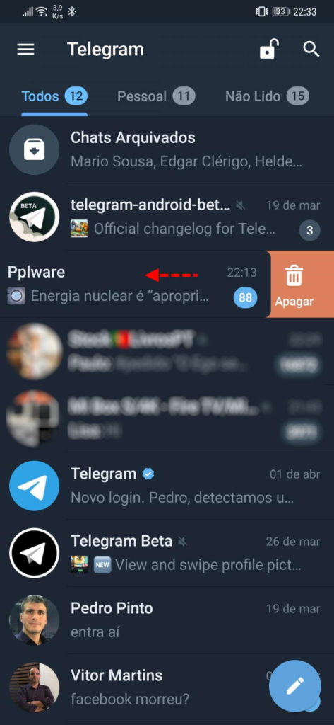 Telegram swipe conversas utilizador ações