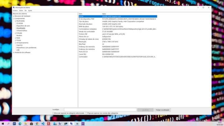 placa gráfica Windows 10 informação máquina